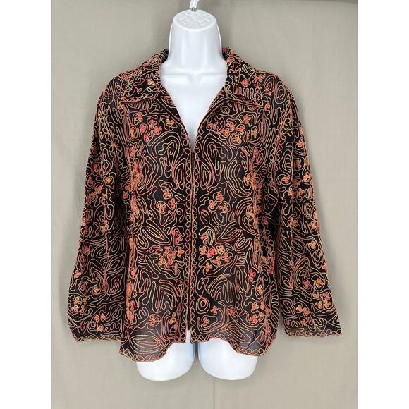 Y2K Vintage Jacket Womens XL Black Mesh Pink Yellow Abstract Zip Sheer Stretch - Picture 1 of 7